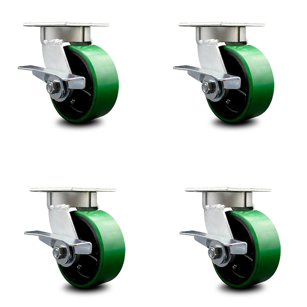 5 Inch Kingpinless Green Poly on Steel Wheel Swivel Caster Set with Brakes SCC